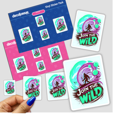 Join The Wild With Bigfoot sticker pack featuring various designs, including a Bigfoot-themed poster and text elements, presented in a close-up view with a hand holding one sticker.