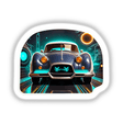 A Classic Futuristic Car featuring neon lighting, available as stickers or digital artwork, showcasing a sleek design with illuminated details, perfect for automotive enthusiasts and digital art collectors.