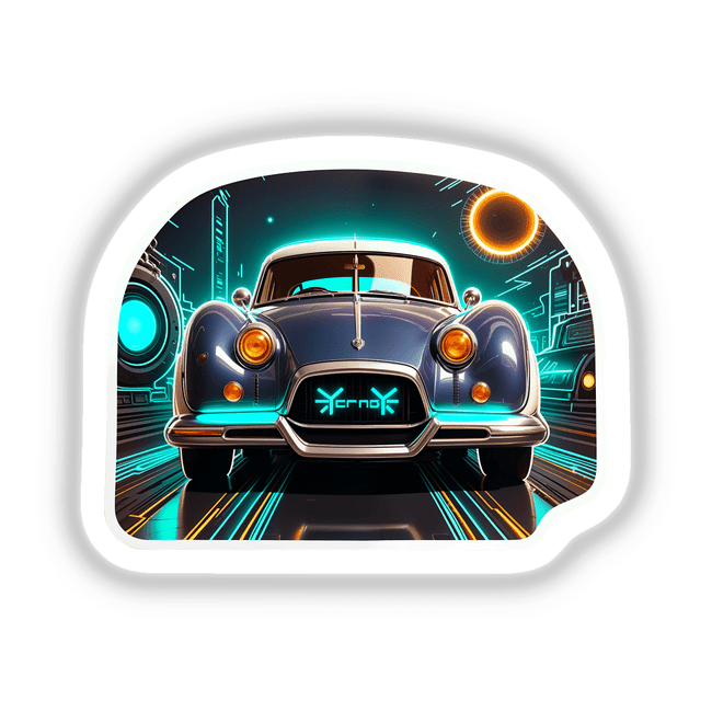 A Classic Futuristic Car featuring neon lighting, available as stickers or digital artwork, showcasing a sleek design with illuminated details, perfect for automotive enthusiasts and digital art collectors.