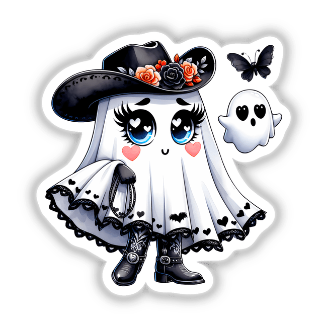 Cute Halloween Ghost with Cowboy Hat: A cartoon ghost wearing a black cowboy hat adorned with flowers, available as stickers or digital artwork.