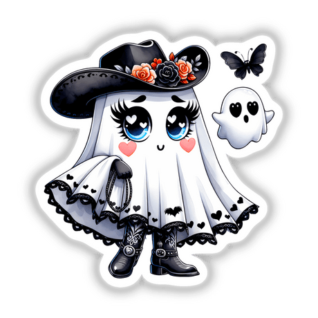 Cute Halloween Ghost with Cowboy Hat: A cartoon ghost wearing a black cowboy hat adorned with flowers, available as stickers or digital artwork.