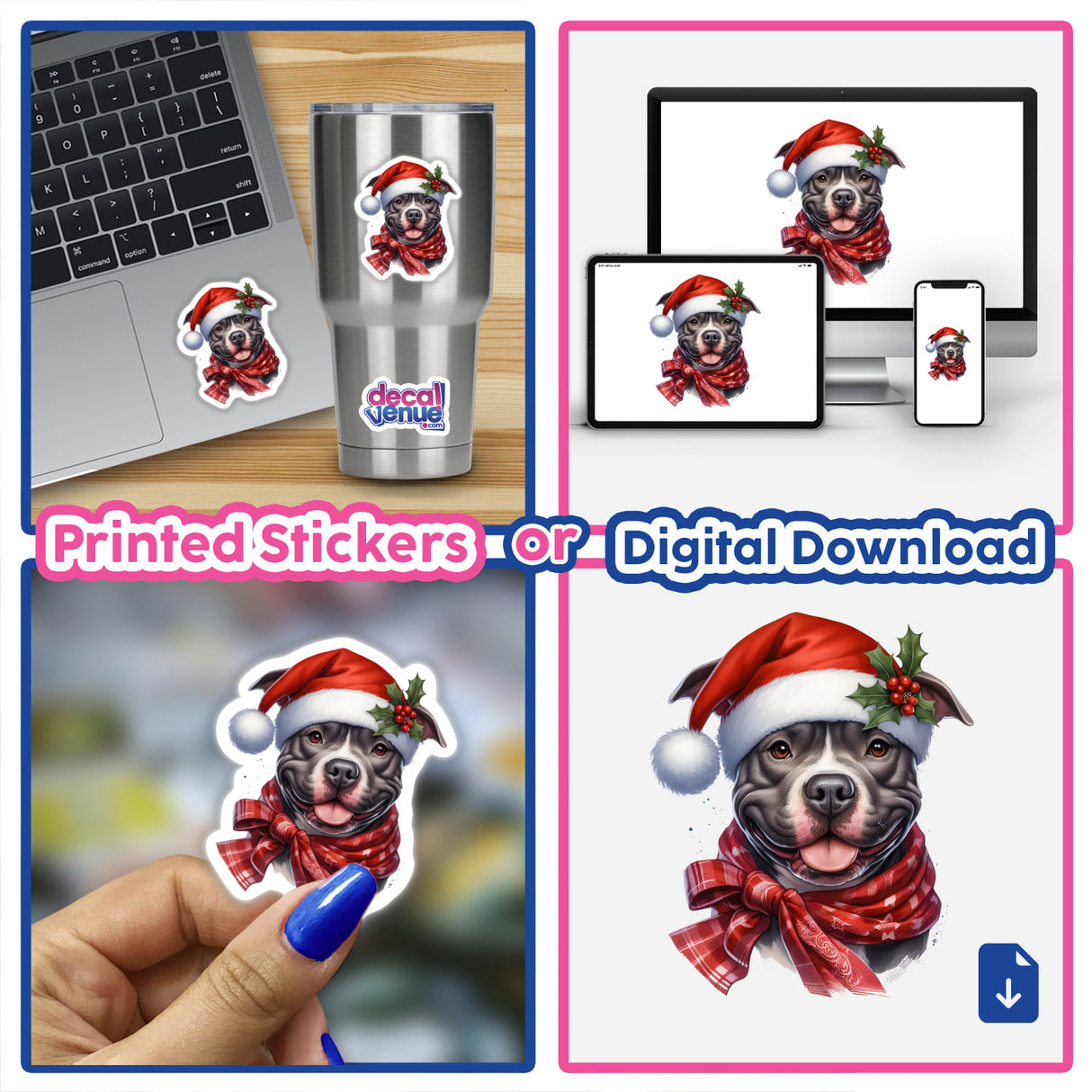 Christmas Pitbull Dog in Santa Hat sticker collage featuring a festive dog wearing a Santa hat and scarf, designed for laptops, mugs, and more, available as stickers or digital artwork.