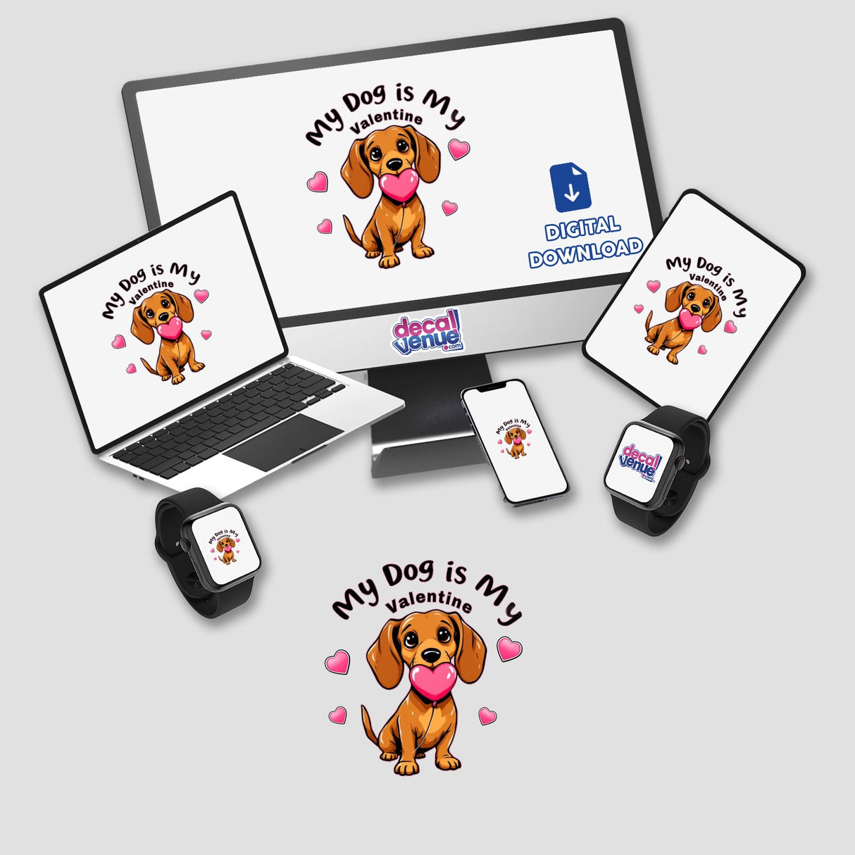 Valentine Dog Love digital artwork features a cartoon dog holding a heart-shaped balloon, displayed on a computer screen and laptop. Available as stickers or digital art from Decal Venue.