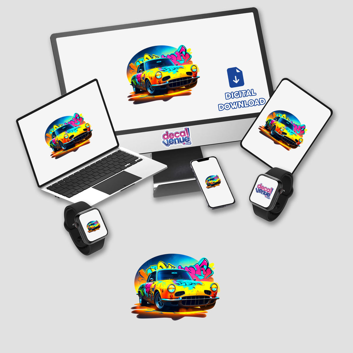 A Classic Graffiti Car digital artwork displayed on a monitor and laptop. Available as stickers or digital artwork, showcasing a vibrant graffiti-themed car design from Decal Venue.