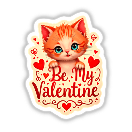 Be My Valentine Valentine's Day Kitten cartoon features a cute cat with hearts and playful text, available as stickers or digital artwork from Decal Venue.