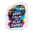 Keep Calm And Play Games Gaming Quote depicted on a vibrant automotive decal, showcasing text and intricate design elements. Available as stickers or digital artwork from Decal Venue.