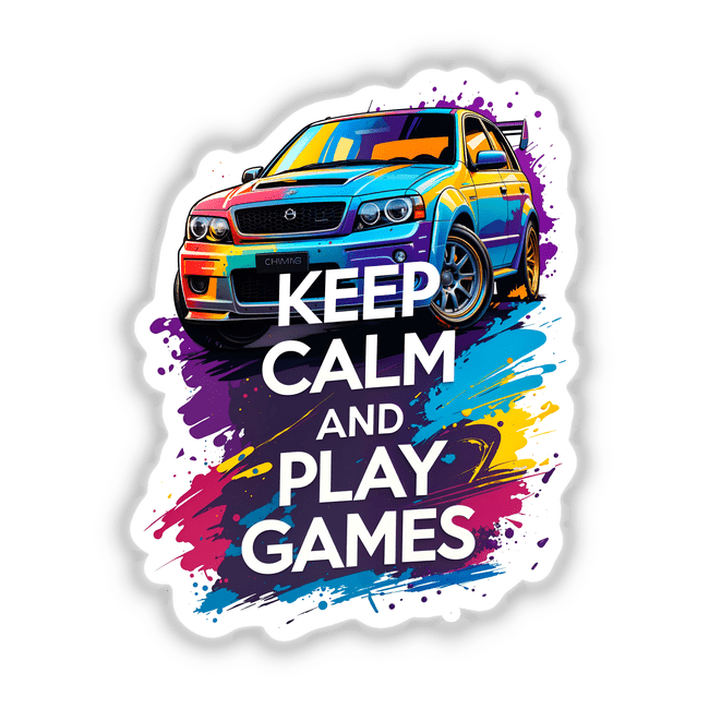 Keep Calm And Play Games Gaming Quote depicted on a vibrant automotive decal, showcasing text and intricate design elements. Available as stickers or digital artwork from Decal Venue.