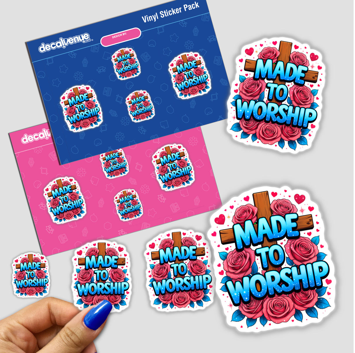 Made To Worship Christian Quote sticker pack featuring crosses adorned with roses, available as stickers or digital artwork. A hand is shown holding one of the detailed stickers.