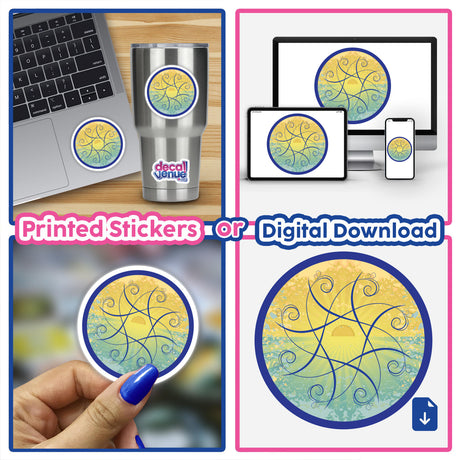 Vibrant digital artwork of a colorful sun design, featuring various product mockups including a laptop, phone, tumbler, and sticker. The artwork showcases the product's availability as both printed stickers and a digital download, allowing customers to express their style across different platforms.