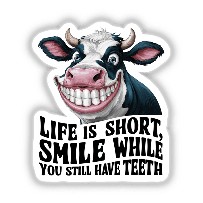 Amusing cow digital artwork with a motivational message: "Life is Short, Smile While You Still Have Teeth"