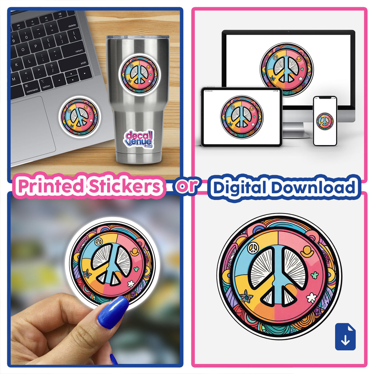 Colorful peace symbol stickers and digital artwork displayed on laptop, mobile, and other surfaces, showcasing the diverse designs and digital downloads available from Decal Venue's store.