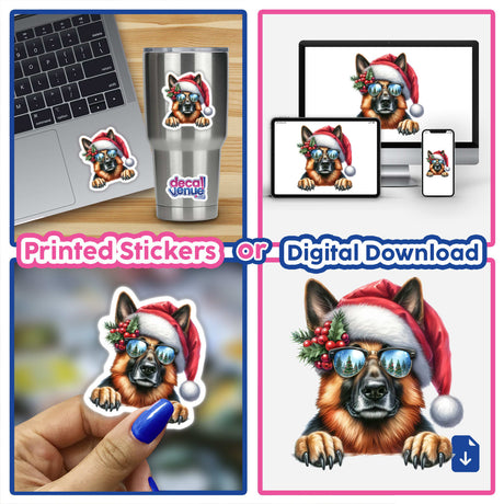 Resting Christmas Santa German Shepherd Mistletoe Dog sticker collage featuring a cartoon dog in a Santa hat and sunglasses. Displayed on a laptop and cup, available as stickers or digital artwork.