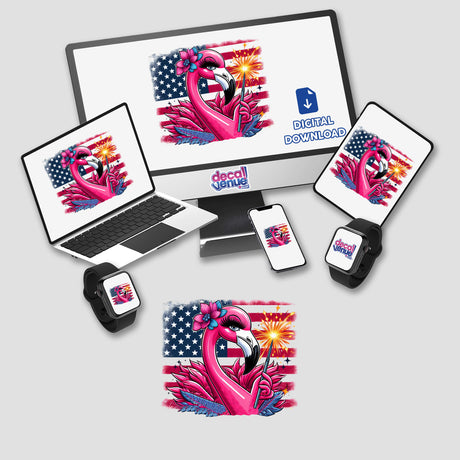 Patriotic flamingo with sparkler on digital devices, showcasing vibrant digital artwork from Decal Venue's unique collection.