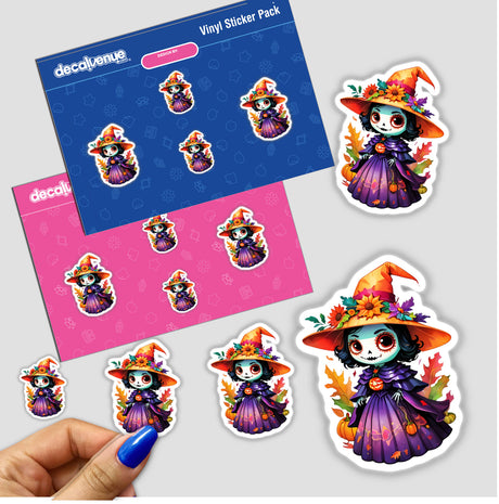 Day of the Dead Witch Queen Sticker Design featuring various cartoon characters, with a close-up of a hand holding one. Available as stickers or digital artwork.