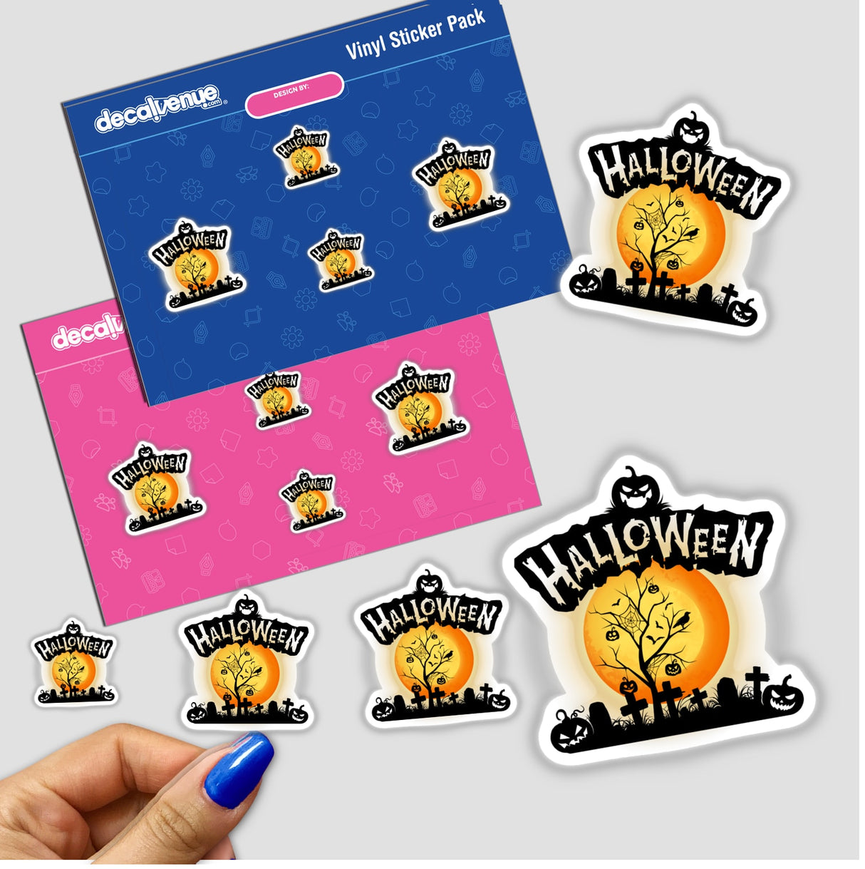 Halloween Icon sticker pack featuring cartoon-style Halloween-themed stickers, including trees, moons, and various spooky elements. Available as physical stickers or digital artwork from Decal Venue.