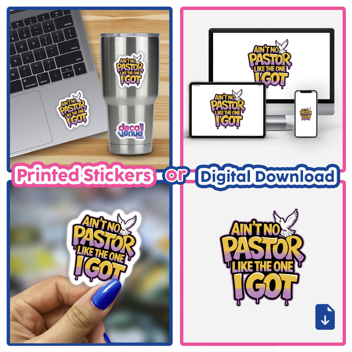 Collage featuring Christian phrase stickers, including a white dove with purple and yellow text, on laptops and held by a person, emphasizing Decal Venue's unique vinyl sticker collection.