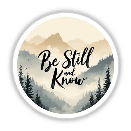 Be Still and Know Sticker & Clipart featuring a round white circle with trees and mountains, showcasing the inspirational Bible verse Psalm 46:10 in black text.