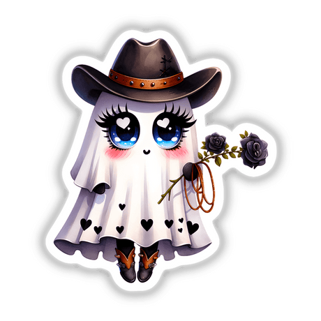 Cute Halloween Ghost with Cowboy Hat, featuring a cartoon ghost with a cowboy hat and a black rose. Available as stickers or digital artwork from Decal Venue.