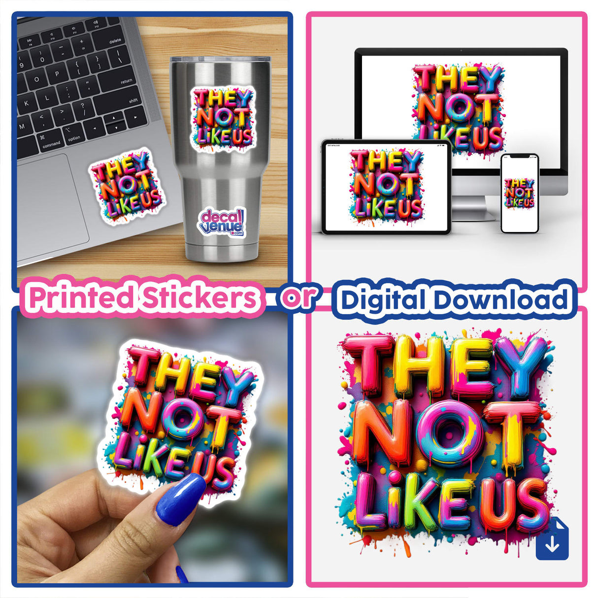 Collage showcasing 'Paint Splash They Not Like Us' by DecalVenue: vibrant alphabet stickers and digital art for creative DIY projects and colorful t-shirt designs.