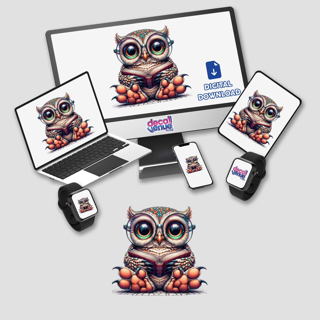 Cute Owl With Reading Glasses Open Book displayed on screens, available as stickers or digital artwork, featuring an owl cartoon reading a book. Suitable for laptops, phones, and smartwatches.