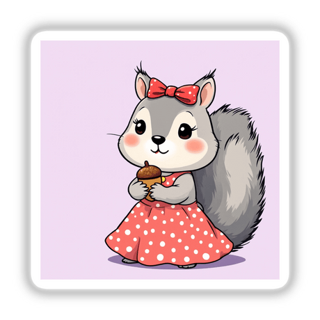 Cartoon of a squirrel in a polka-dot dress, holding an acorn. Available as stickers or digital artwork from Decal Venue's unique collection.