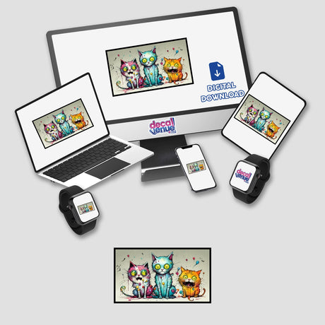 3 Psycho Cats digital artwork displayed on a laptop and smart devices, featuring a group of cats with varied eye colors. Available as stickers or digital art from Decal Venue.