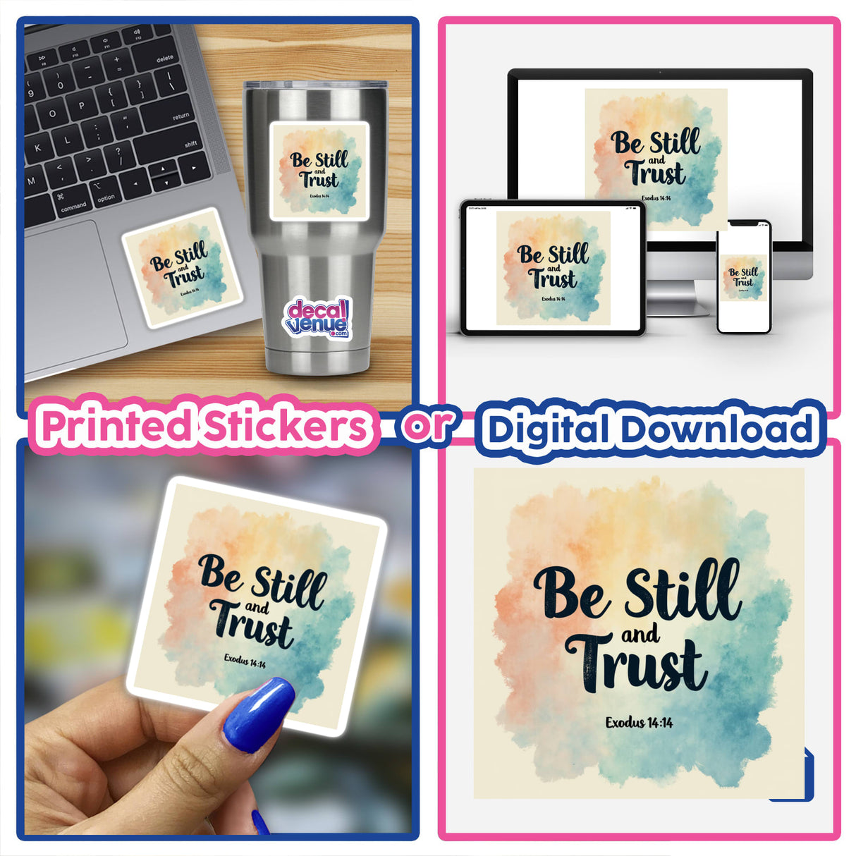 Be Still and Trust – Exodus 14:14 Christian Sticker or Clipart, featuring a collage design with motivational text, perfect for laptops or as digital artwork with commercial rights.