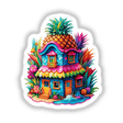 Pineapple Paradise: Psychedelic Rainbow House Sticker featuring a whimsical, colorful house topped with a pineapple, cartoon windows, and doors, available as stickers or digital artwork.