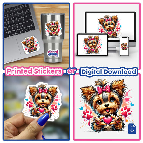 Yorkie Dog Heart Gestures sticker collage featuring cartoon dogs holding hearts, ideal for laptops, cups, or phones. Available as vinyl stickers or digital artwork at Decal Venue.