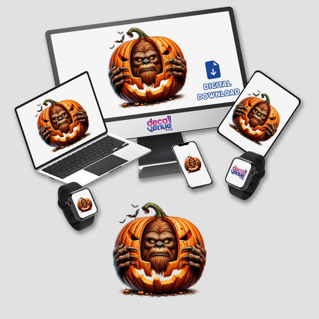 Sasquatch peeking out of pumpkin Halloween digital artwork by DecalVenue, featuring a monster face carved into an orange jack-o-lantern, available as stickers and digital downloads for various devices.