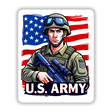 U.S. Army - American Soldier With Flag: A digital artwork featuring a soldier in uniform holding a rifle, wearing a helmet and goggles, with a flag in the background, available as stickers or digital art.