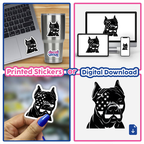 American Flag Tattoo Face Pitbull Dog stickers and digital artwork, featuring various images of a pitbull with an American flag design on its face, suitable for laptops, cups, and more.