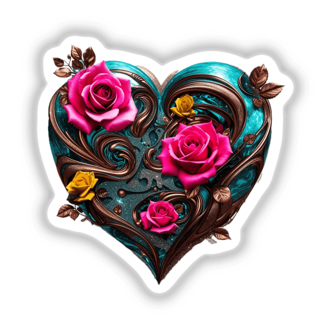 Bronze Swirl Heart with Pink and Yellow Roses featuring detailed floral design, highlighting pink and yellow roses intertwined with leaves. Available as stickers or digital artwork.