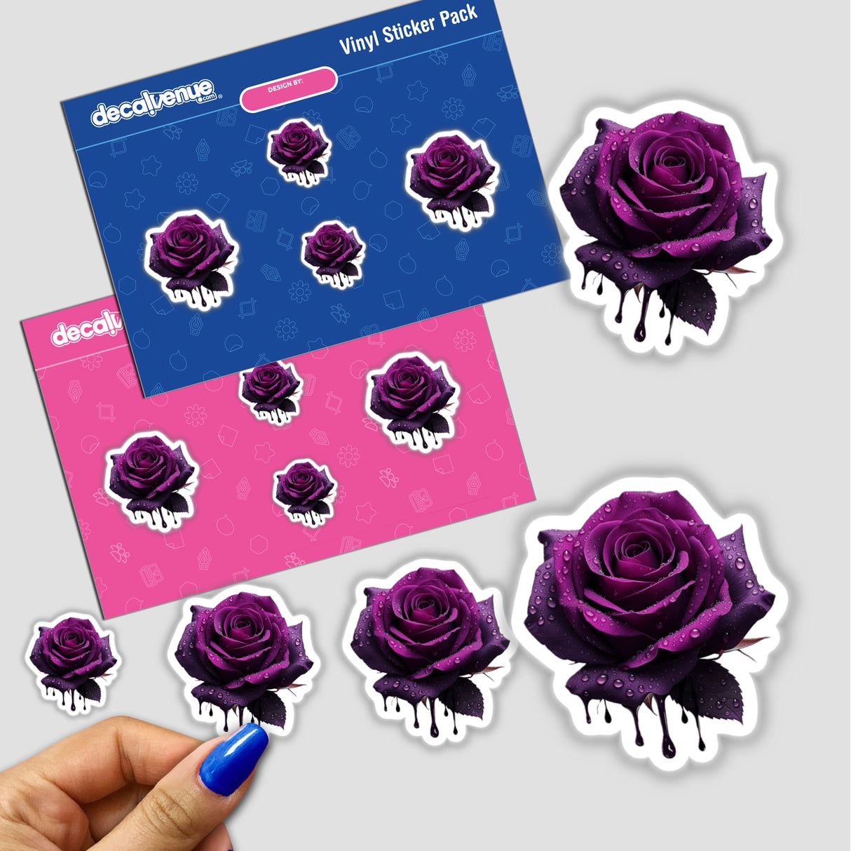 Gothic Dripping Purple Rose sticker featuring intricate purple flowers and water-drop adorned roses. Hand-held, showcasing Decal Venue's unique vinyl sticker artistry. Available as physical stickers or digital artwork.