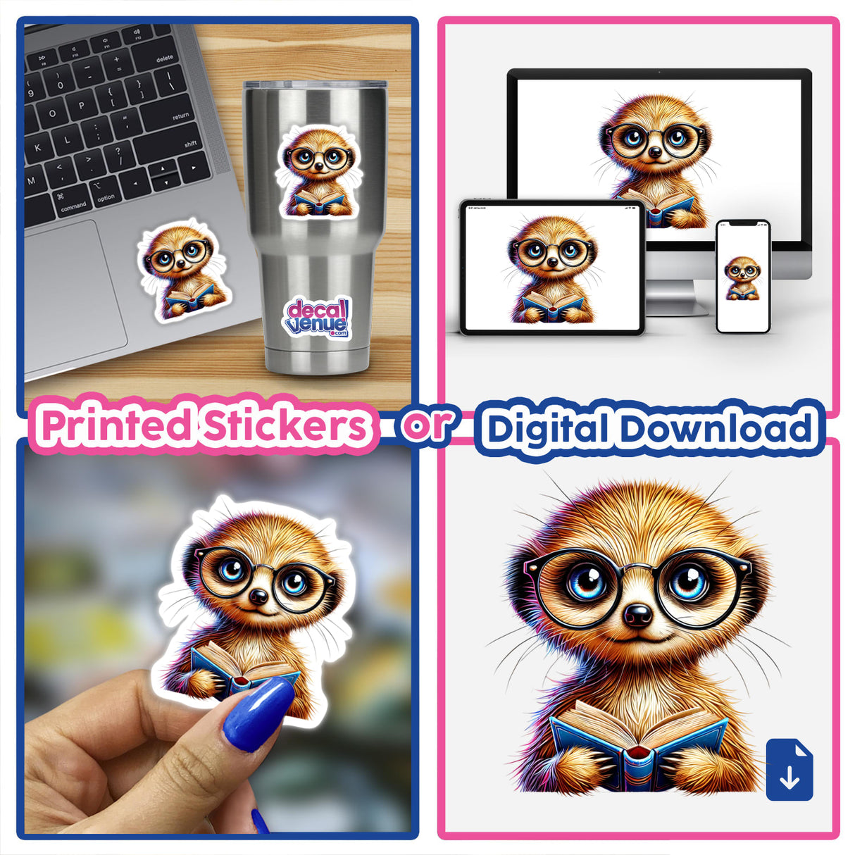 Cartoon meerkat with reading glasses holding an open book, featured as a sticker or digital artwork. Perfect for adorning laptops or cups, available at Decal Venue.