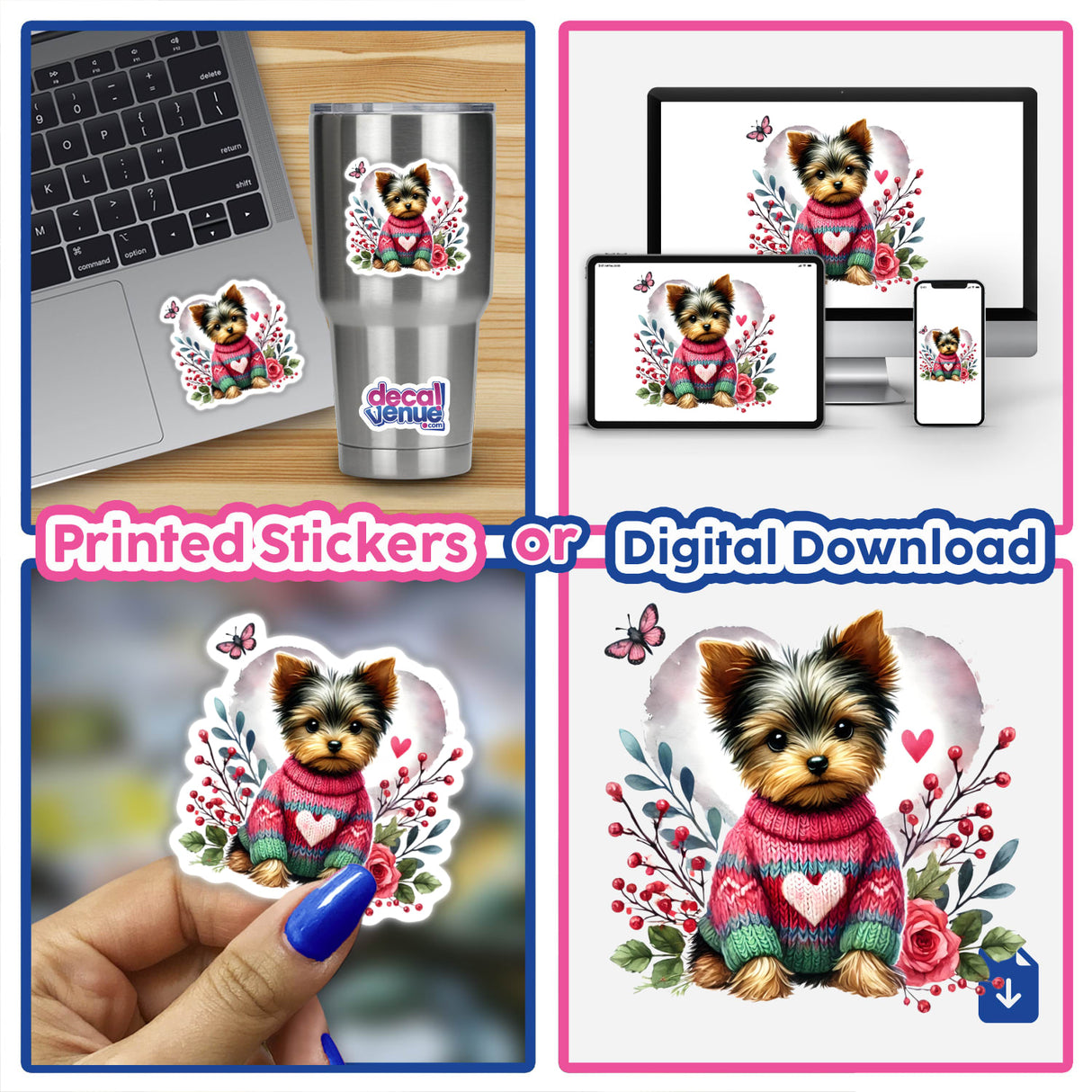 Springtime Yorkie Dog with Heart Sweater sticker displayed on a laptop, showcasing a cartoon dog wearing a heart-patterned sweater, available as a sticker or digital artwork from Decal Venue.