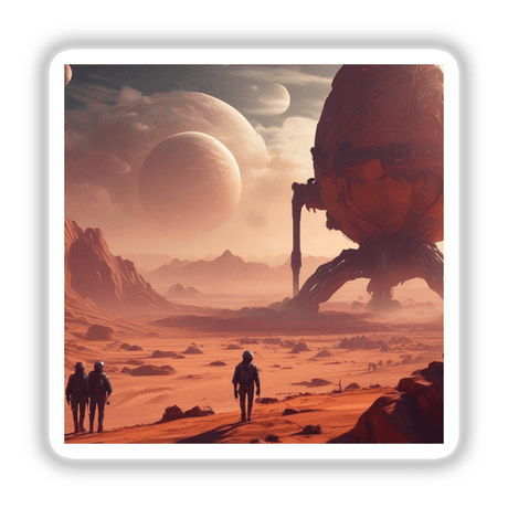 Group walking in a desert with a large moon in the sky, featured in Visit To Mars stickers or digital artwork.