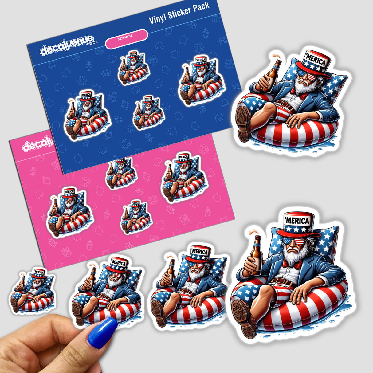 Sticker pack featuring Uncle Sam American Flag Float Merica with a cartoon man sitting on a float, various other stickers of men on bean bags, and a man with a beer.