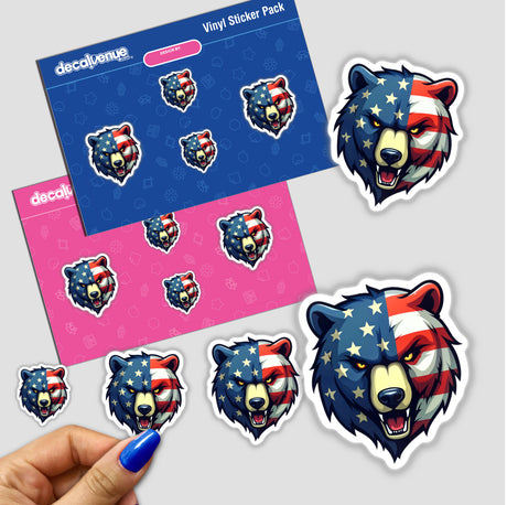 A Cool American Flag Bear sticker featuring a bear with the American flag design, available as stickers or digital artwork. A close-up view highlights intricate details.