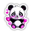 Cute panda bear with love hearts illustration featuring a cartoon panda face with pink and purple eyes, a pink heart, and a paw print, available as stickers or digital artwork.