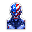 Cartoon of a Cool American Flag Army Cyborg, available as stickers or digital artwork, featuring a robot with a flag motif, reflecting Decal Venue's unique style.