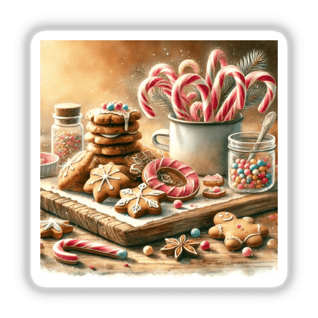 Holiday Baking - Gingerbread Cookies and Candy Canes: A festive scene with cookies, a gingerbread man, candy canes in a mug, and a jar of candy on a table. Available as Stickers or Digital Artwork.