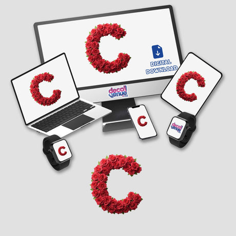 Elegant Floral Letter C Clipart - Downloadable Sticker with Commercial Rights displayed on various devices, including a computer monitor, laptop, tablet, smartphone, and smartwatch, showcasing roses forming the letter.