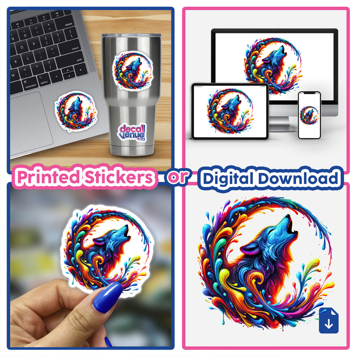 Psychedelic Howling Wolf - Vibrant Colorful Drip Moon sticker displayed on a laptop, cup, and phone, showcasing its unique and bold design. Available as stickers or digital artwork.