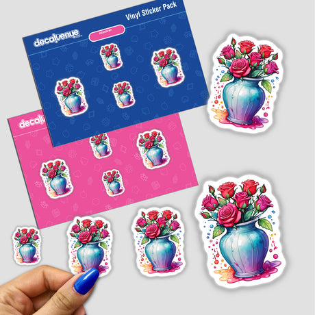 Crimson Roses: Floral Splash Vase Sticker - Close-up of a hand holding a cartoon-style sticker featuring a blue vase filled with vibrant red roses. Available as stickers or digital artwork.