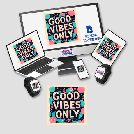 Good Vibes Only digital artwork displayed on a laptop screen, surrounded by a computer monitor and smartwatch, highlighting Decal Venue's unique sticker and digital art collection.