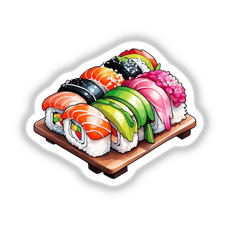 Sushi Feast: Plate of Sushi, featuring intricate sushi rolls on a wooden board, available as stickers or digital artwork from Decal Venue.