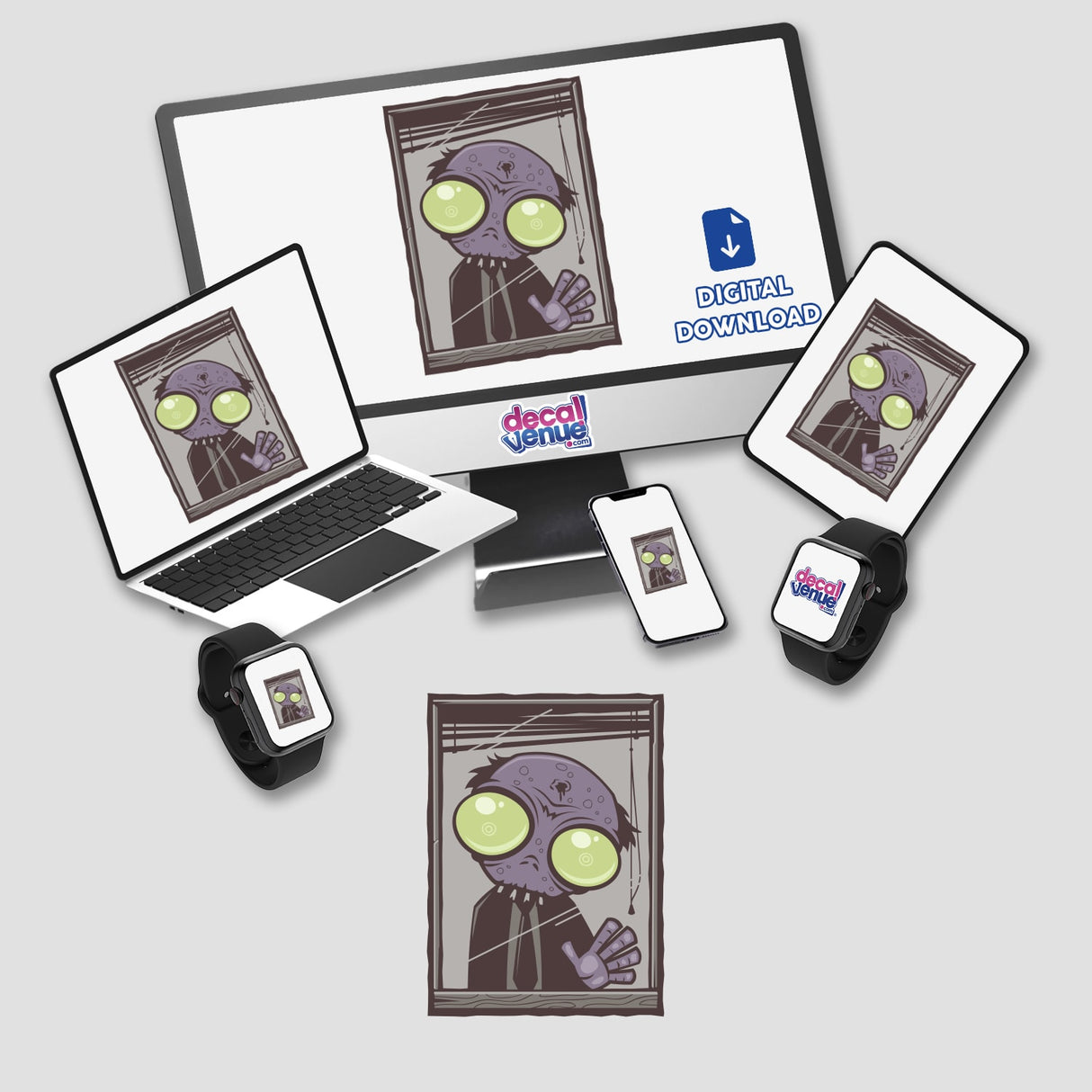 Office Zombie displayed on multiple digital devices, featuring a cartoon monster character. Available as stickers, perfect for tech enthusiasts seeking quirky, digital-themed decorations from Decal Venue.