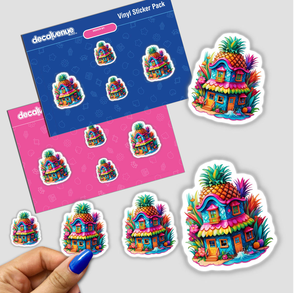 Pineapple Paradise: Psychedelic Rainbow House Sticker pack featuring a colorful house with a pineapple on top, shown with stickers and a hand holding one.