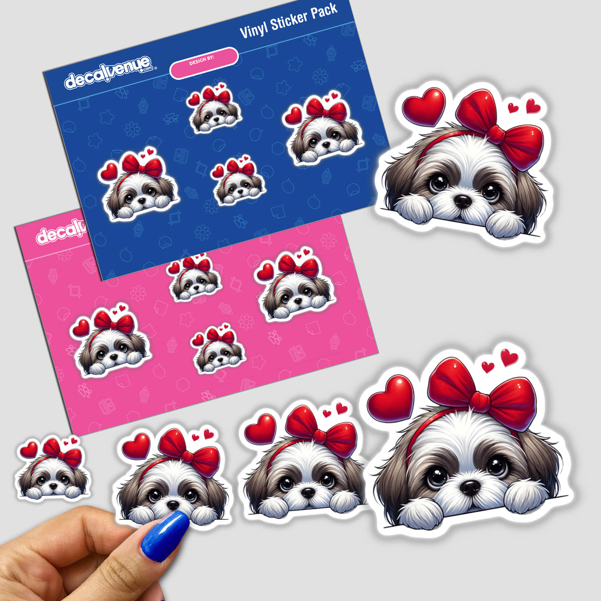 Peeking Valentine Shih Tzu Dog stickers feature cartoon dogs with red bows and hearts, embodying playful charm. Perfect for adding a cute, unique touch to your belongings.